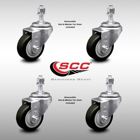 Service Caster 3.5 Inch SS Black Polyurethane Wheel Swivel 12mm Threaded Stem Caster Set SCC-SSTS20S3514-PPUB-BLK-M1215-4